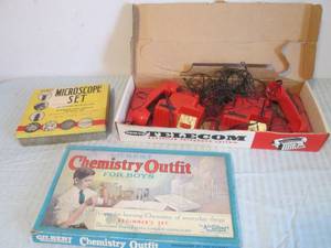 lot 56 image: Toy telephone chemistry and microsc...