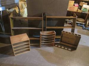 lot 128 image: 2 wall display shelves and wood hol...
