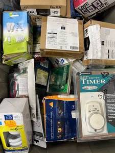 BOX OF ASSORTED BULBS, AND ELECTRICAL TIMERS