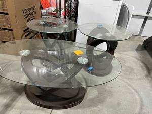 GLASS TOP COFFEE TABLE AND TWO END TABLES,