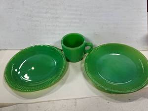 lot 20 image: Lot of 2 Fire King Jadeite Jadite Plates 7  & Heavy Coffee Cup