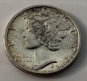 1943 Silver Philadelphia Mint Mercury Dime Full Bands High Grade In Protective Sleeve