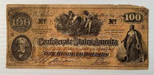 1862 Confederate States Of America One Hundred Dollars In Protective Sleeve