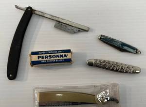 Group Of Misc.Vintage Pocket Knives And Flat Razors 1 Flat Razor Has Broken Blade