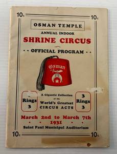 1931 Osman Temple Annual Indoor Shrine Circus Official program  In Protective Sleeve
