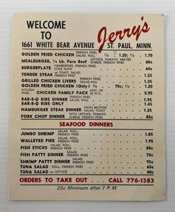 Vintage Jerrys Drive-In White Bear Avenue St. Paul Minn. Menu