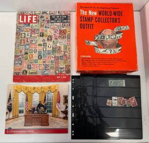 Vintage Stamp Collection With Album (Album Only has A Few Stamps), Life 1954 Worlds Most Rarest Stamps  Magazine And More