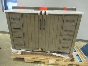 Home Decorators Collection Stanbury 48 in. W x 22 in. D Vanity in Cashmere with Carrara Marble Vanity Top with White Sink (SMALL CHIP ON BACK OF TOP, WILL BE COVERED WITH BACKSPLASH, SEE PHOTOS  OTHERWISE NICE CONDITION)