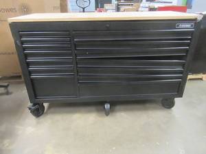Husky 62 in. W x 24 in. D Heavy Duty 14-Drawer Mobile Workbench Cabinet with Adjustable Height Wood Top in Matte Black (DRAWERS ARE OFF TRACK, DAMAGE ON RIGHT HAND SIDE, TOP IS SCRATCHED UP, SCRATCH & DENT)