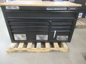 Husky 52 in. W x 25 in. D Heavy Duty 9-Drawer Mobile Workbench Cabinet with Adjustable-Height Hardwood Top in Matte Black (ADJUSTABLE TOP DOES NOT WORK, CRACKED TOP, LOCK IS DIFFICULT TO OPERATE, SCRATCH & DENT, SEE PHOTOS)