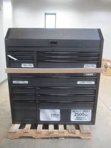 Husky 52 in. W x 21.5 in. D Heavy Duty 15-Drawer Combination Rolling Tool Chest Top Tool Cabinet with LED Light in Matte Black (TOP CABINET DRAWERS WONT OPEN BECAUSE OF DENT, TOP DRAWER IN BOTTOM CABINET STICKS, BOTTOM DRAWER IS DENTED, SEE PHOTOS)
