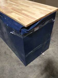 lot 30 image: Husky 52 in. W x 25 in. D Standard Duty 9-Drawer Mobile Workbench Cabinet with Solid Wood Top in Gloss Blue, Customer return, Review all pictures