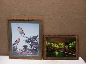 lot 56 image: BIRDS BERRIES VINTAGE PAINTING & BRIDGE PAINTING