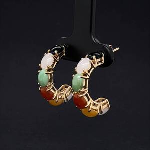 Oval Multi-Color Jade C-Hoop Earrings in 14k Yellow Gold - Genuine Jade Open Hoop Earrings for Pierced Ears