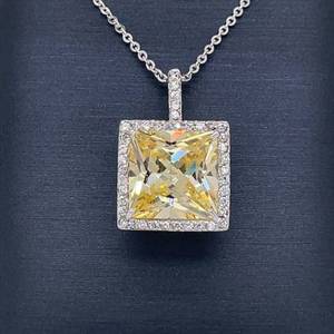 Designer E. Pearl Square Cluster Fancy Yellow Cubic Zirconia Halo Pendant Necklace VIDEO