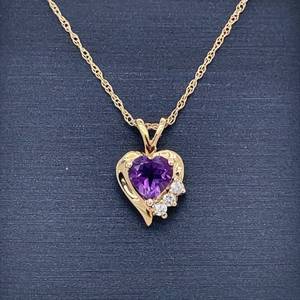 10k Gold Heart Shape Amethyst Necklace w. Diamond. (Check Out Matching Lot 53A Earrings too) VIDEO