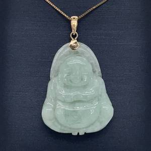 Carved Green Jade Buddha Pendant w 14k Yellow Gold Tapered Bail. - Luck, Fortitude & Knowledge