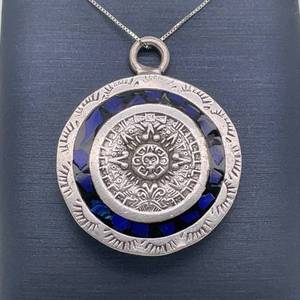 Hand Stamped Aztec of Myan Cobalt Mosaic Estate Pendant VIDEO