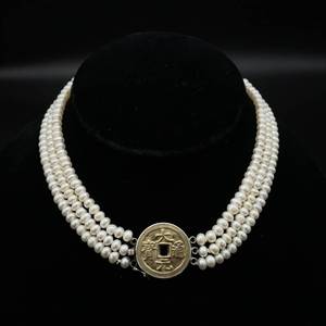 Lucky Triple Strand Pearl Choker Necklace with Ancient Chinese Coin