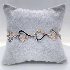 Black Hills Gold and Enamel Heart Shape Motif 7 Estate Bracelet