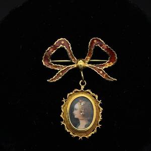 Estate Treasure Victorian 1800s Ribbon Bow Tie Red Enamel Brooch w Oval Portrait and Diamond Accents MADE IN ITALY in 18k Yellow $2800 Retail VIDEO