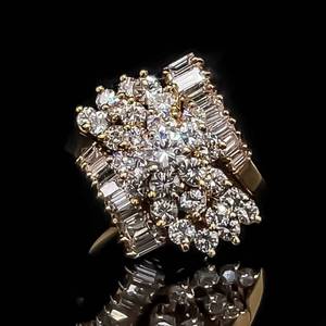 2.50 CARAT Diamond VS ClarityG-H Color Baguette & Round Cluster Rainfall Estate Ring in 14k Yellow Gold $9500 Retail VIDEO