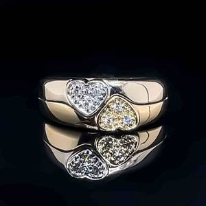 Diamond Pave Double Heart Two-Tone Ring in 14k Yellow & White Gold Sleek & Contemporary $1,800 Retail VIDEO