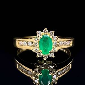 Emerald & Diamond Cluster Estate Ring in 14k Yellow Gold VIDEO