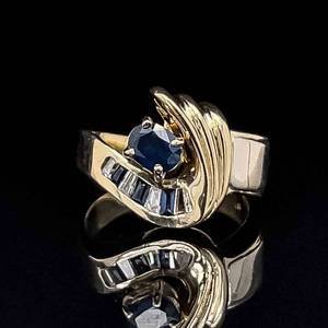 Contemporary Oval Blue Sapphire & Diamond Channel Asymmetrical Scalloped Ring in 14k Yellow Gold VIDEO