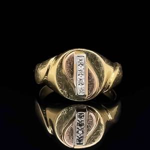 Diamond Channel Round Top Signet Scalloped Ring in 18k Tri-Color Rose, Yellow & White Gold Ring VS Clarity MADE IN ITALY