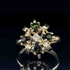 Green Chrome Diopside & Cubic Zirconia Princess Queen Crown Cocktail Ring in 14k Yellow Gold