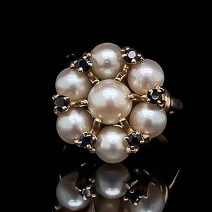 Shimmering Seven White Mini Pearl & Blue Sapphire Cluster Bouquet Cocktail Ring in 14k Yellow Gold Vintage Estate