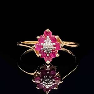 Cluster Ruby & Diamond Flower Cluster Slim Bypass Ring in Yellow Gold