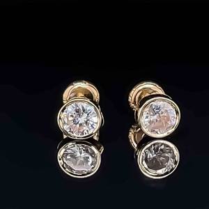 Cubic Zirconia Round Solitaire Bezel Stud Earrings in 14k Yellow Gold Secure Screw Backs Contemporary Design VIDEO