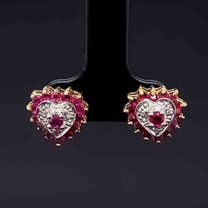 Charming Ruby & Diamond Heart Cluster Earrings in 14k Two-Tone Gold... Make it Yours Tonight