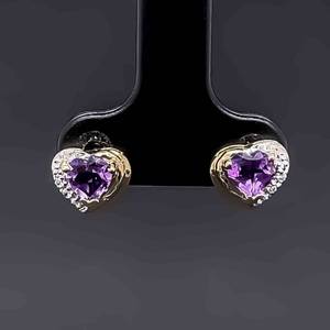 10k Yellow Gold Heart Shape Amethyst Earrings w. Diamond. (Check Out Matching Lot 53) Wearable 247
