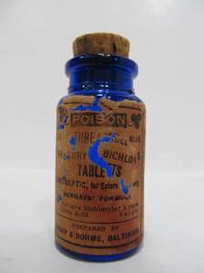 lot 19 image: Antique Cobalt Blue Embossed Glass Poison Bottle wPaper Label.
