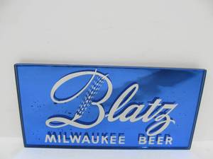 lot 26 image: NOS Vintage 1930s era Deco Beveled Blue Glass Mirrored BLATZ Beer Sign