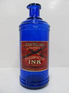 lot 36 image: Beautiful Large Antique John Holland Cobalt Blue Glass Ink Bottle wPaper Label