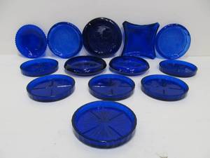 lot 38 image: Great Lot of Vintage Deco Cobalt Blue Glass Ashtrays & Coasters etc