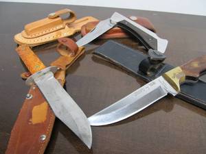 lot 55 image: Lot of 3 Vintage Knives wLeather Sheaths