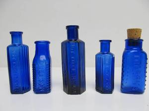 lot 80 image: Lot of Original Antique Cobalt Blue Glass Poison Bottles