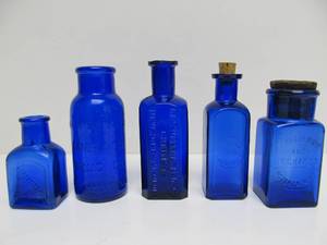lot 81 image: Lot of Original Antique Cobalt Blue Glass MedicalPharmacy Bottles