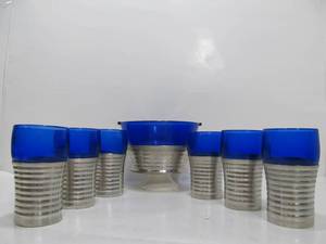 lot 110 image: Wonderful Deco 1930s era QUEENS Art Pewter Chrome & Cobalt Blue Glass Ice Bucket & Tumblers