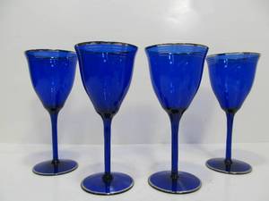 lot 112 image: Matching 1930s Set of 4 Deco Cobalt Blue Glass wChrome Stripes Wine Goblets