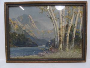 lot 133 image: Vintage Purple Majesty Mountain Valley Landscape Scene Art Litho Framed 21