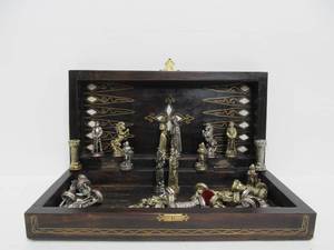 lot 144 image: Vintage Inlaid Portable Chess Set wPewter Figures