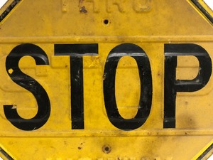 lot 2 image: Awesome Vintage 1930s Heavy embossed Steel Thru Highway Yellow Stop Sign