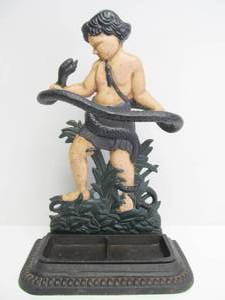 lot 220 image: Vintage Sculptural Cast Iron Umbrella Stand - Hercules Fighting the Serpent