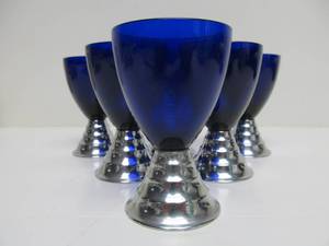 lot 68 image: Matching Set of 6 Signed CHASE Deco Chrome & Cobalt Blue Cocktail Glasses